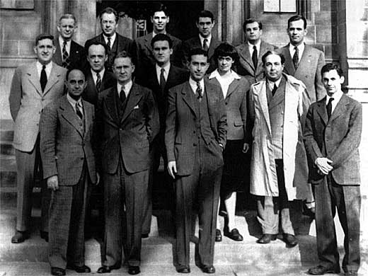 First pile scientists at the University of Chicago on December 2, 1946, the fourth anniversary of their success.
Back row, left to right, Norman Hilberry, Samuel Allison, Thomas Brill, Robert G. Nobles, Warren Nyer, and Marvin Wilkening. Middle row, Harold Agnew, William Sturm, Harold Lichtenberger, Leona W. Marshall, and Leo Szilard. Front row, Anderson. Enrico Fermi, Walter H. Zinn, Albert Wattenberg, and Herbert L. Anderson.
Keywords: Chicago Pile One