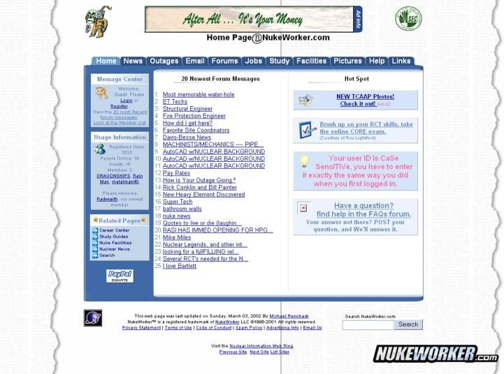 Feb 2002
This is a screen shot of NukeWorker.com in Feb 2002  You will see that the jobs were still being posted in the message board, and we still used our old logo.  The message board was hosted by us on a perl software called YaBB.  Everyone.net still hosted the email.
Keywords: screen shot of NukeWorker.com in Feb 2002