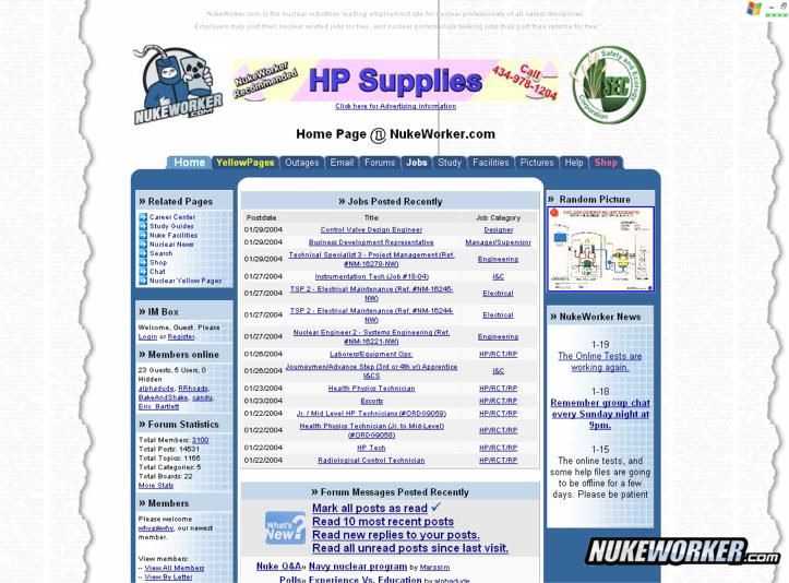 Feb 2004
This is a screen shot of NukeWorker.com in Feb 2004.  Early 2004 we added our new (and larger) logo.  Our new jobboard software was up and running, as well as our photo software.  This is fundamentally the same design we use today, and the same software.
Keywords: Screen shot of NukeWorker.com in Feb 2004