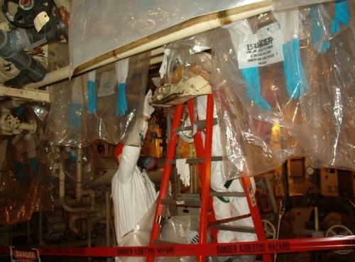 Glove bag enclosures were used for asbestos removal.
Scene of decommissioning work in progress at PBRF:
Glove bag enclosures were used for asbestos removal.
