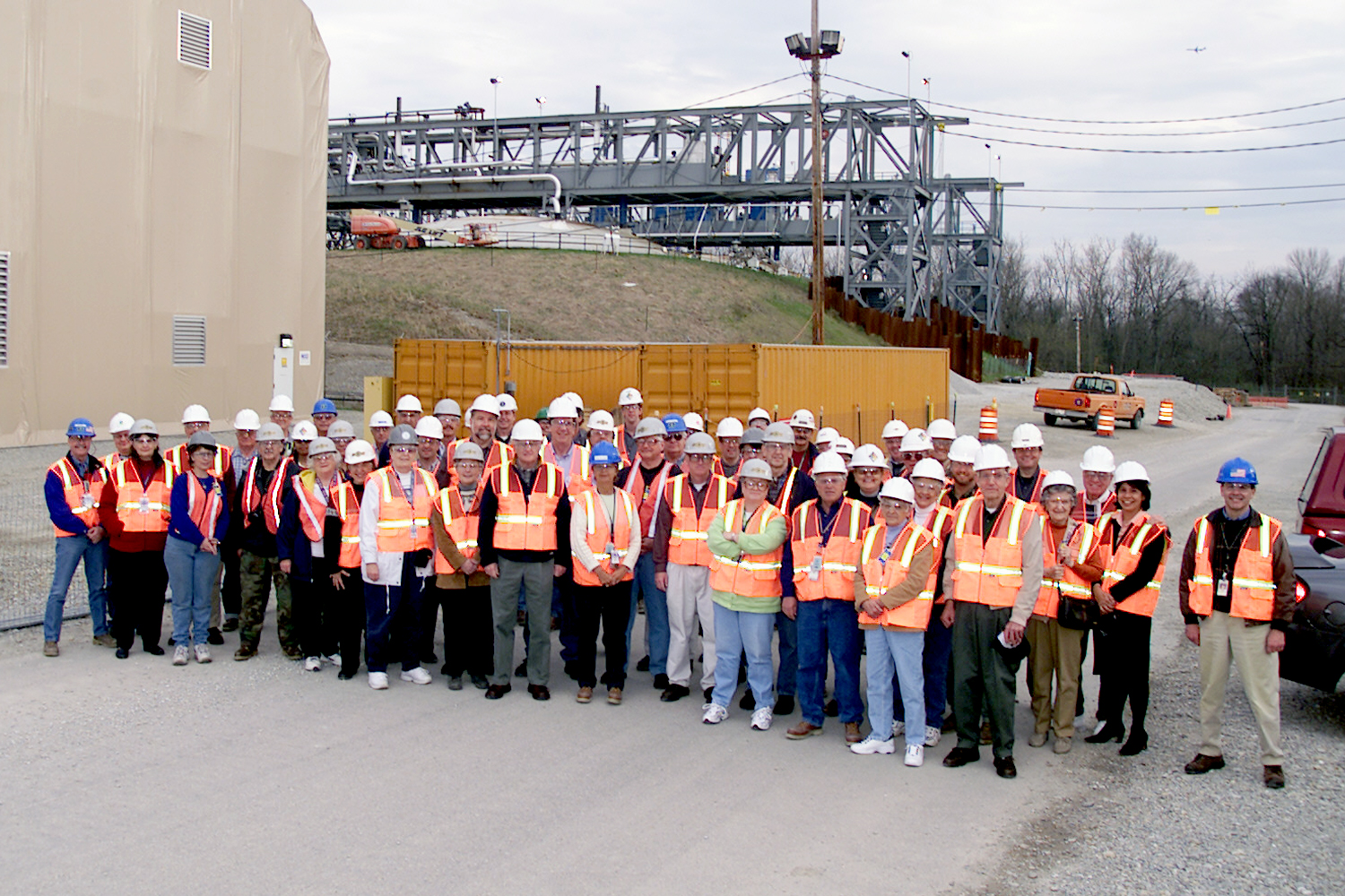 Public Tours
On Tuesday, April 6 about 60 Fernald stakeholders including members of the Fernald Citizens Advisory Board, Fernald Residents for Environmental Safety and Health (FRESH), and site neighbors attended a two-hour tour of Fernalds highest profile project. The Department of Energy and Fluor Fernald hosted the Silos tour   to give stakeholders a chance to see the extraction and treatment facilities up close, before operations begin later this month. Visitors got a chance to climb the walkway above the K-65 silos
Keywords: Fernald Closure Project Fernald Green Salt Plant, Feed Materials Production Center, Fernald, Ohio (FEMP)