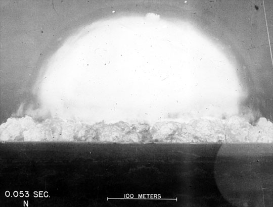 Trinity Test
July 16, 1945
5:29:45 a.m. (Mountain War Time)
Trinity Site, Alamogordo Test Range, Jornada del Muerto desert. 
Yield: 19 - 21 Kilotons
