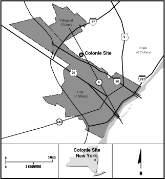Colonie Locality Map
Colonie Site (FUSRAP Site)

The Colonie Site is located in the Town of Colonie in Albany County, New York, approximately 6.5 kilometers (four miles) northwest of downtown Albany. The site was owned and operated by National Lead Industries from the late 1930s to the 1980s. The site was first used as a foundry, and it was later used to manufacture thorium and depleted uranium products. Cleanup efforts began and materials containing low levels of radioactivity were removed from all but three of the vicinity properties and stored inside the sites main building for future disposition. The other three properties are adjacent to the site and will be cleaned up when the sites grounds are remediated. EM completed this site as a part of the Formerly Utilized Sites Remedial Action Program (FUSRAP). The FUSRAP Program was transferred to the United States Army Corps of Engineers (USACE) in 1997, in accordance with the Energy and Water Development Appropriations Act for FY 1998. Cleanup responsibilities transferred at that time from DOE-EM to the USACE.
