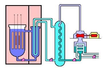 FBR
The Fast Breeder Reactor (FBR) has a core of plutonium surrounded by rods of U-238. The U-238 nuclei absorb neutrons from the core and are transformed into plutonium (P-239). For every four atoms of plutonium that are used up in the core of the breeder, five new plutonium atoms are made from the U-238. Therefore, FBRs "breed" plutonium. Fast breeder reactors work at such a high temperature that they need a special coolant such as liquid sodium. In addition, they are not equipped with a moderator to slow down neutrons, and for this reason are called "fast" breeders.
