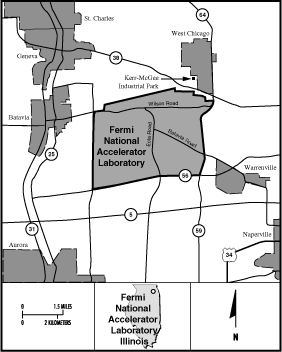 Fermi Lab Locality Map
Fermi National Accelerator Laboratory

The Fermi National Accelerator Laboratory, also referred to as the FermiLab, is located on a 6,720 acre plot in Batavia, Illinois, approximately 48 kilometers (30 miles) west of downtown Chicago. The Fermilab began operation in 1967 as a research and development facility. The mission of the lab was to explore the basics of matter, using high-energy proton beams to probe subatomic structure. This continues to be the laboratorys mission today. Major environmental concerns included remediation of polychlorinated biphenyl spills; possible chromate contamination; and management of hazardous, radioactive, and toxic waste. Quarterly groundwater monitoring will continue indefinitely, despite the overall remediation of the site. Remediation was completed in FY 1997.
