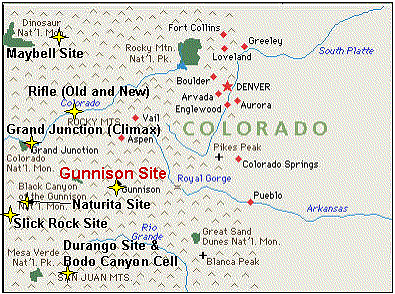 The Gunnison uranium mill site is located just southwest of the City of Gunnison in Gunnison County, Colorado.
In 1954-1955, uranium deposits were discovered in the Cochetopa, Tallahassee Creek, and Marshall Pass uranium districts in the Southern Rocky Mountains of central Colorado. Development of the deposits soon followed. In November 1956, the Atomic Energy Commission (AEC) signed a contract with the Gunnison Mining Company (GMC) for a small uranium mill at Gunnison, Colorado. The mill was built on a 62-acre tract just south of Gunnison, and its first delivery under GMCs only contract was made in February 1958. In late 1961, GMCs assets were acquired by Kermac Nuclear Fuels Corporation (KNF). The mill continued to operate under KNF until April 1962, when it was closed down. Originally designed for a throughput capacity of 200 tons of ore per day (TPD), the mill was operated over its life at an average of 350 TPD, due to the lower than anticipated grade of ore received. Ore deliveries in 1958 averaged 0.24 percent U3O8, but the grade declined to about 0.12 percent during 1960-1962. 
Keywords: UMTRA