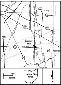 Luckey Locality Map
Luckey (FUSRAP Site)

The Luckey Site is made up of approximately 16 hectares (40 acres), and is located approximately 35 kilometers (22 miles) southeast of Toledo in Luckey, Ohio. Luckeys was owned and operated by the US Government to process magnesium. In the late 1940s, the Atomic Energy Commission, a predecessor agency to the US Department of Energy built a beryllium production facility on the site. Waste from these operations was placed in three lagoons. After the plant closed in 1959, contaminated sludge and soils were moved from the lagoons to a landfill that was later capped, graded and seeded. EM completed it's work at this site in 1997 with the transfer to the Formerly Utilized Sites Remedial Action Program (FUSRAP) at the United States Army Corps of Engineers (USACE), in accordance with the Energy and Water Development Appropriations Act of FY 1998. 

