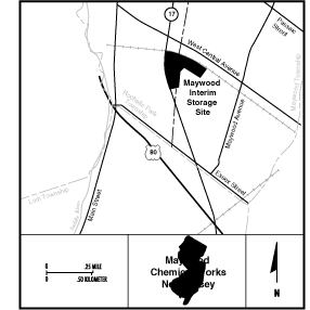 LOCALITY MAP
Maywood Chemical Works (FUSRAP Site)

Maywood Chemical Works is located in a highly developed area of Bergen County in New Jersey. Maywood Chemical Works extracted thorium and rare earth elements from monazite sands fro use in commercial properties until 1956. Radioactive waste migrated to surrounding areas throughout the sites operation, contaminating both soil and water. Stephan Company acquired Maywood Chemical Works in the 1950s and initiated cleanup efforts. In the 1980s, contamination in the form of thorium, uranium and radium as well as some heavy metals and rare earth elements, were still found onsite. In 1984, the site was added to the Formerly Utilized Sites Remedial Action Program (FUSRAP). The FUSRAP Program was transferred to the United States Army Corps of Engineers (USACE) in 1997, in accordance with the Energy and Water Appropriations Act of 1998. Cleanup responsibilities transferred at that time from DOE-EM to the USACE.
