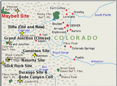 The Maybell uranium mill site is located 5 miles northeast of the town of Maybell in Moffat County, Colorado.
