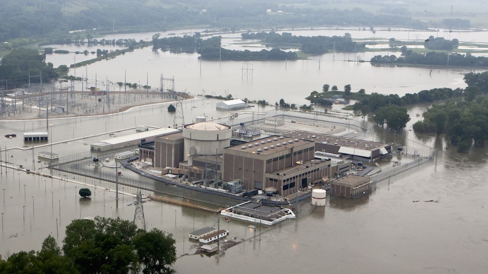 The Fort Calhoun nuclear power station in Fort Calhoun, Neb., currently shut down for refueling, is surrounded by flood waters from the Missouri River, Tuesday, June 14, 2011. On Tuesday, the releases at Gavins Point Dam in South Dakota hit the maximum planned amount of 150,000 cubic feet of water per second, which are expected to raise the Missouri River 5 to 7 feet above flood stage in most of Nebraska and Iowa. (AP Photo/Nati Harnik)
