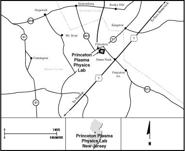 Princeton Plasma Physic Laboratory Site Map
The Princeton Plasma Physic Laboratory is located on 36 hectares (88.5 acres) of property leased from Princeton University on the James Forrestal Campus, in Plainsboro Township, Middlesex County, New Jersey. The primary mission of the site is to conduct magnetic confinement plasma physics research and investigates the possible application of fusion power as an energy source. Historically, the lab was involved in fusion energy programs sponsored by the US Department of Energy (DOE). Past activities contaminated the soil and groundwater with petroleum, hydrocarbons and solvents. Some of the metal contaminated soil was disposed of at a commercial facility permitted to accept hazardous waste. The rest of the soil was removed and disposed of offsite. Surface waters from building sump pumps are discharged into a lined stormwater detention basin, which discharges into a nearby brook. The discharge to the brook is monitored in compliance with a State of New Jersey surface water discharge permit. Long-term stewardship activities include the monitoring of groundwater to prevent contaminants from migrating offsite. Remediation was completed in FY 1999. 
