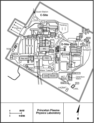 Princeton Plasma Physic Laboratory Site Map
The Princeton Plasma Physic Laboratory is located on 36 hectares (88.5 acres) of property leased from Princeton University on the James Forrestal Campus, in Plainsboro Township, Middlesex County, New Jersey. The primary mission of the site is to conduct magnetic confinement plasma physics research and investigates the possible application of fusion power as an energy source. Historically, the lab was involved in fusion energy programs sponsored by the US Department of Energy (DOE). Past activities contaminated the soil and groundwater with petroleum, hydrocarbons and solvents. Some of the metal contaminated soil was disposed of at a commercial facility permitted to accept hazardous waste. The rest of the soil was removed and disposed of offsite. Surface waters from building sump pumps are discharged into a lined stormwater detention basin, which discharges into a nearby brook. The discharge to the brook is monitored in compliance with a State of New Jersey surface water discharge permit. Long-term stewardship activities include the monitoring of groundwater to prevent contaminants from migrating offsite. Remediation was completed in FY 1999. 
