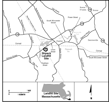 Shpack Landfill Locality Map
Shpack Landfill (FUSRAP Site)

The Shpack Landfill is located about 65 kilometers (40 miles) southwest of Boston in the towns of Norton and Attleboro, Massachusetts. The landfill began operating in the 1960s as a landfill for both industrial and domestic wastes. The landfill was closed under court-order in the mid-1960s. In the late 1970s a concerned citizen who detected elevated radiation levels at the site contacted the Nuclear Regulatory Commission. It was confirmed that there was radioactivity present that was above acceptable limits and probably originated from activities performed by Texas Instruments (formerly known as M&C Nuclear, Inc.). The landfill contains wastes that are contaminated with high-enriched uranium, low-enriched uranium, natural uranium, depleted uranium, radium and various chemicals. Macroscopic amounts of high-enriched uranium and other radioactive materials were removed during a 1980s survey by Oak Ridge personnel. The site was part of the Formerly Utilized Sites Remedial Action Program (FUSRAP). The FUSRAP Program was transferred to the United States Army Corps of Engineers (USACE) in 1997 in accordance with the Energy and Water Development Appropriations Act for FY 1998. 
