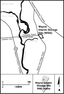 Wayne Interim Storage Locality Map
Wayne Interim Storage Site (FUSRAP Site)

The Wayne Site is located about 3.2 kilometers (two miles) north of Wayne, New Jersey, in a highly developed area of Passaic County. The site is approximately 58 kilometers (36 miles) northwest of New York City. The W.R. Grace Company operated in the Wayne Township extracting rare earths from monazite ore and thorium between 1948 and 1971. Prior to 1960, radioactive thorium ores were placed in above ground piles. From 1960 to 1967, the thorium waste was buried in unlined pits. From 1967 to 1971, some of the waste was transported to Chattagnooga, TN. After production of materials was completed, partial decontamination of the site took place. The company covered the onsite disposal area and razed several buildings and burying the rubble. The remaining buildings were decontaminated and left intact. Vicinity properties that were contaminated via Sheffield Brook were also completely restored. EM completed this site as a part of the Formerly Utilized Sites Remedial Action Program (FUSRAP). The FUSRAP Program was transferred to the United States Army Corps of Engineers (USACE) in 1997, in accordance with the Energy and Water Development Appropriations Act. 
