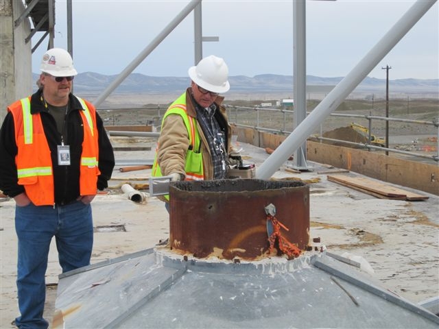 109 roof, surveying steam risers
These risers, which took steam directly from the steam generators and fed to the steam system, were torch-cut during 109N demo some 12 months ago.  This survey was performed to verify the low, fixed levels of contamination found at that time before the long term caps are welded on.
