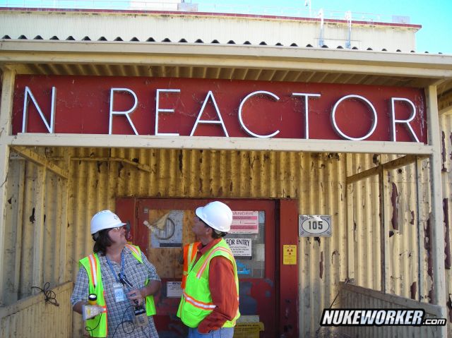 Kevin Noak (RCT) with Brad Mewew (job planner)
Entrance sign at N Reactor. November 2007.         
