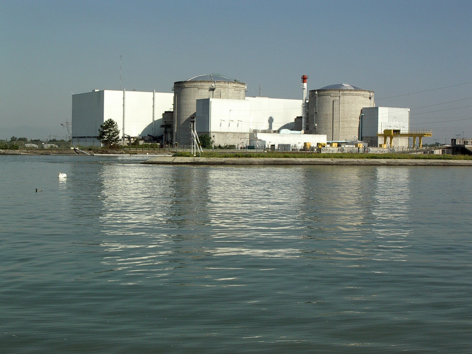 Fessenheim twin reactor buildings across the river