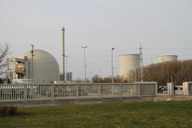 Biblis reactor dome behind a railed walkway