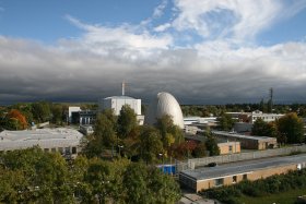 FRM II domes seen from nearby under cloudy sky
