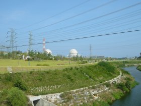 Kori power lines over grassy riverbank